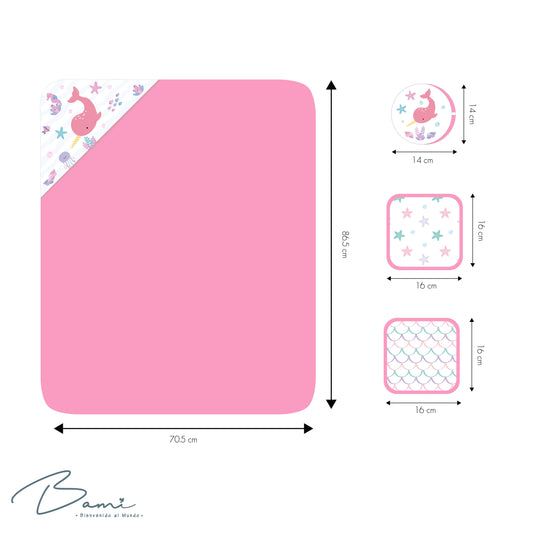 Set de baño toalla con capucha 2 toallas faciales y esponja