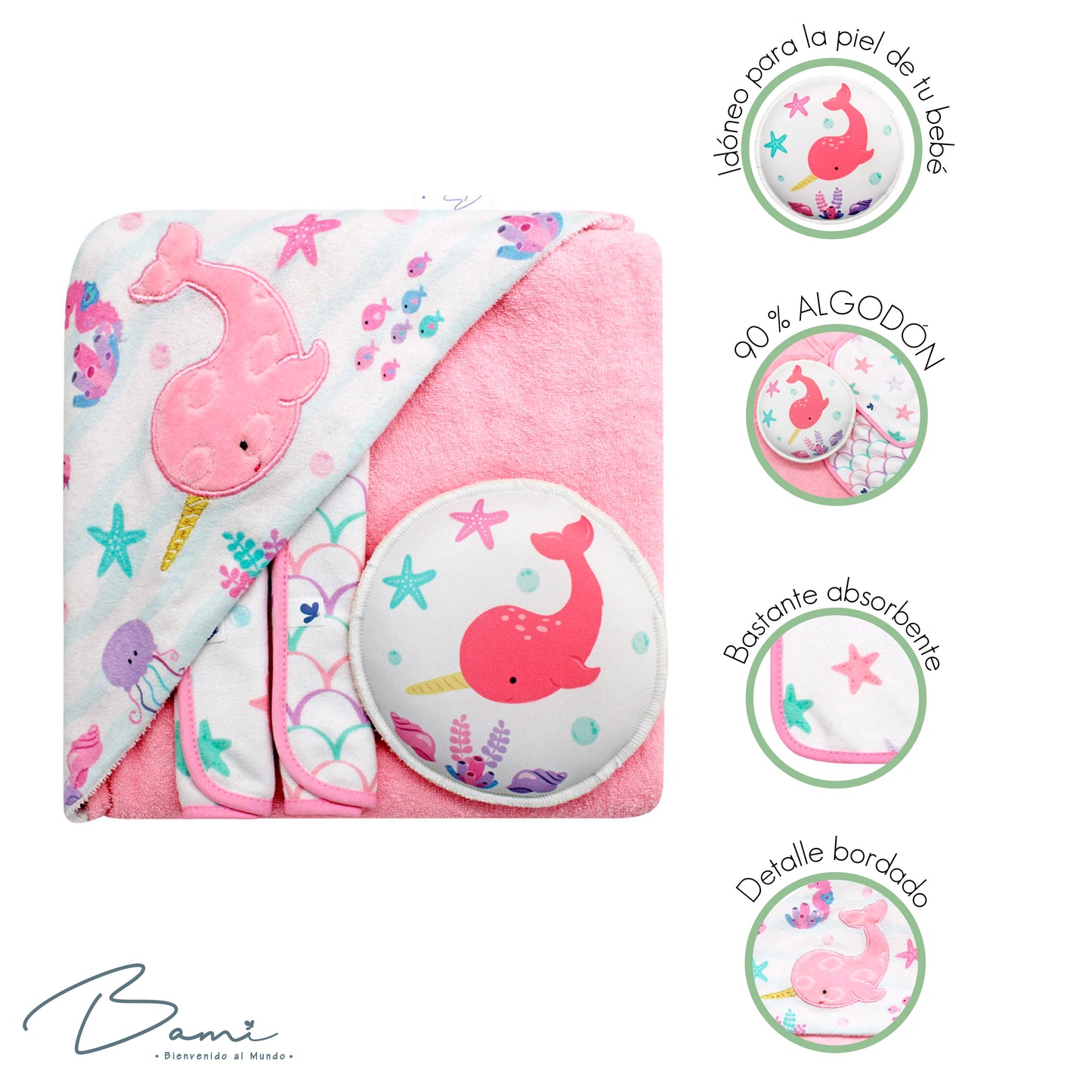 Set de baño toalla con capucha 2 toallas faciales y esponja
