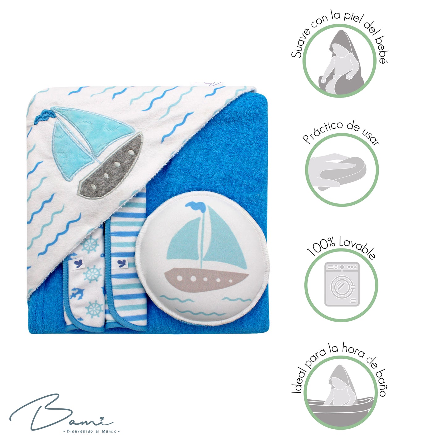 Set de baño toalla con capucha 2 toallas faciales y esponja