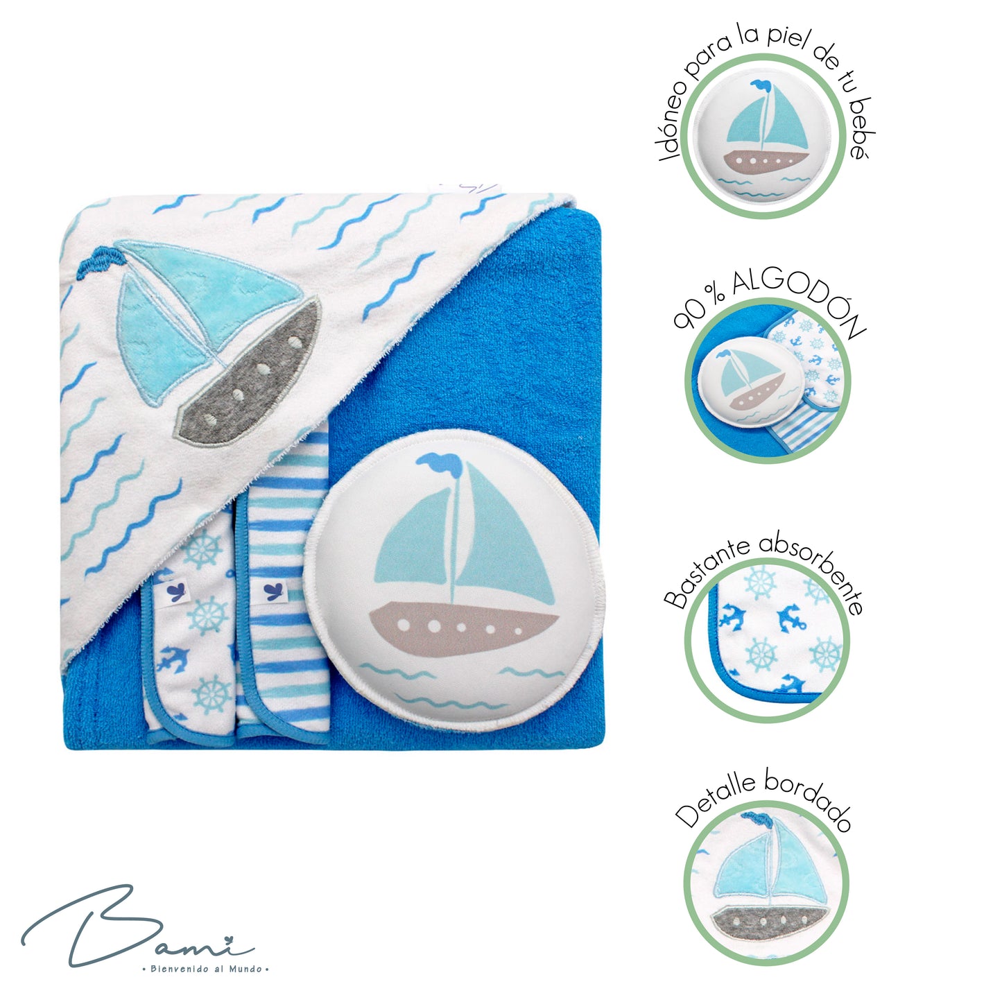 Set de baño toalla con capucha 2 toallas faciales y esponja