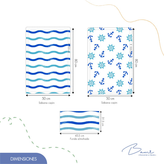 Juego de Sábanas para Colecho Algodón Anclas y Olas 50x80 cm
