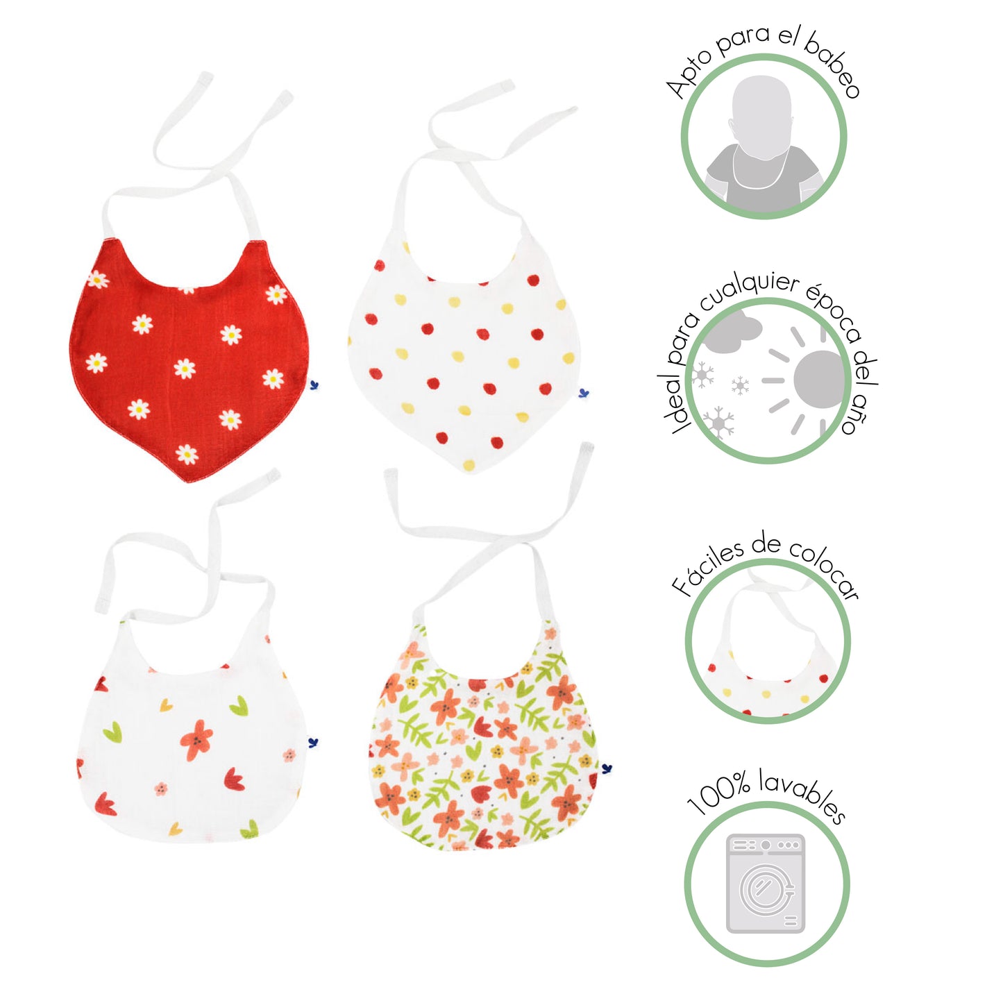 Set 2 Baberos Redondos y 2 Tipo Pañoleta de Muselina y Bambú Flores y Puntos