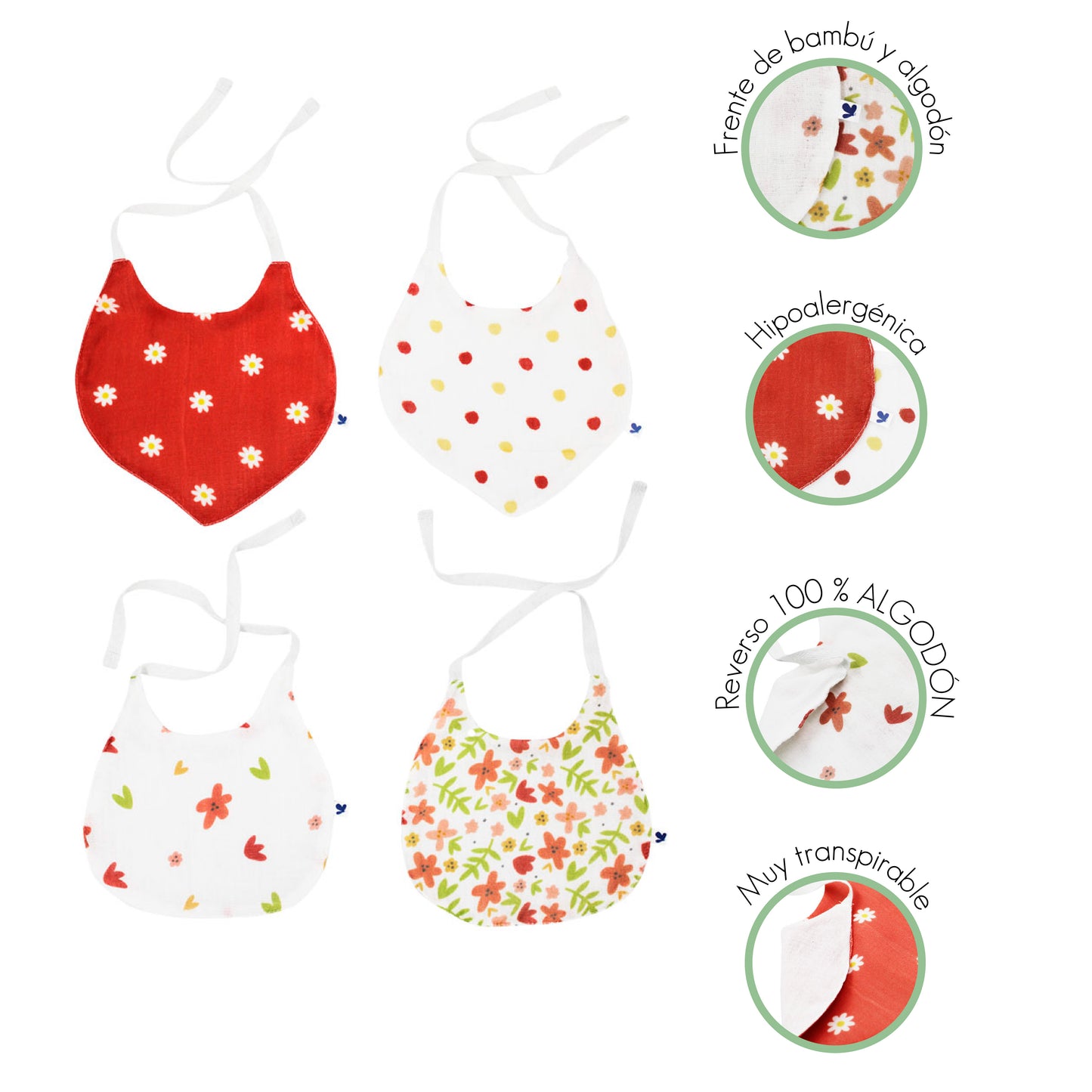 Set 2 Baberos Redondos y 2 Tipo Pañoleta de Muselina y Bambú Flores y Puntos