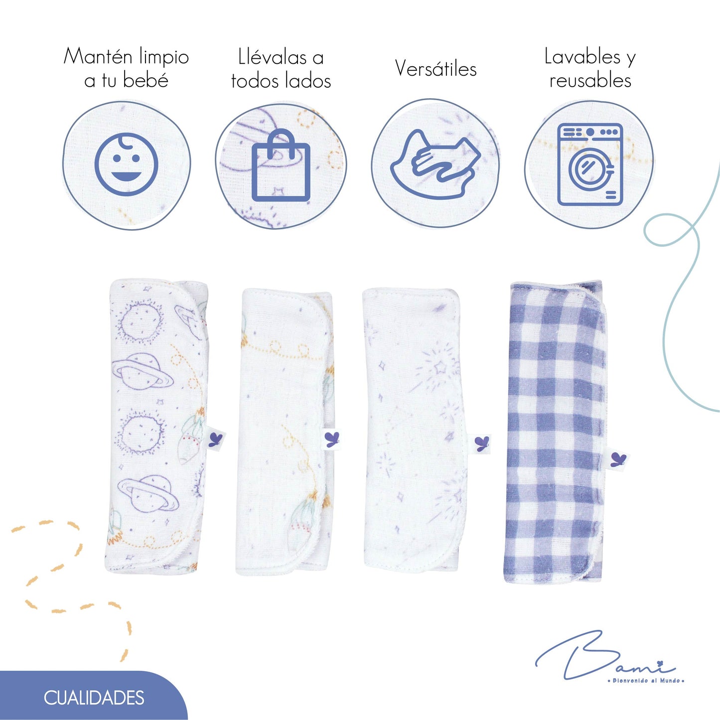 Set 4 Toallitas Faciales de Muselina Espacio