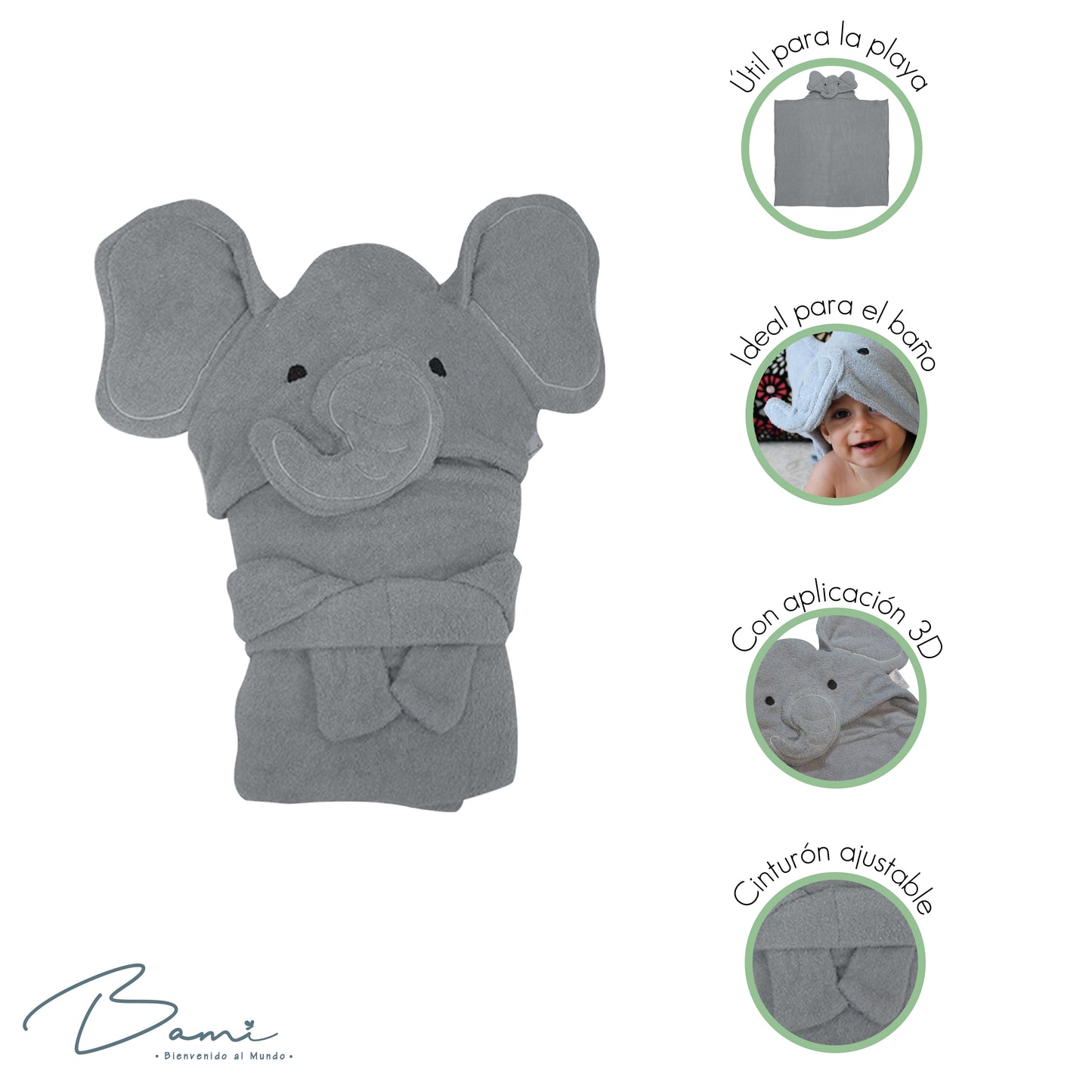Toalla con Capucha 3D Elefante Gris
