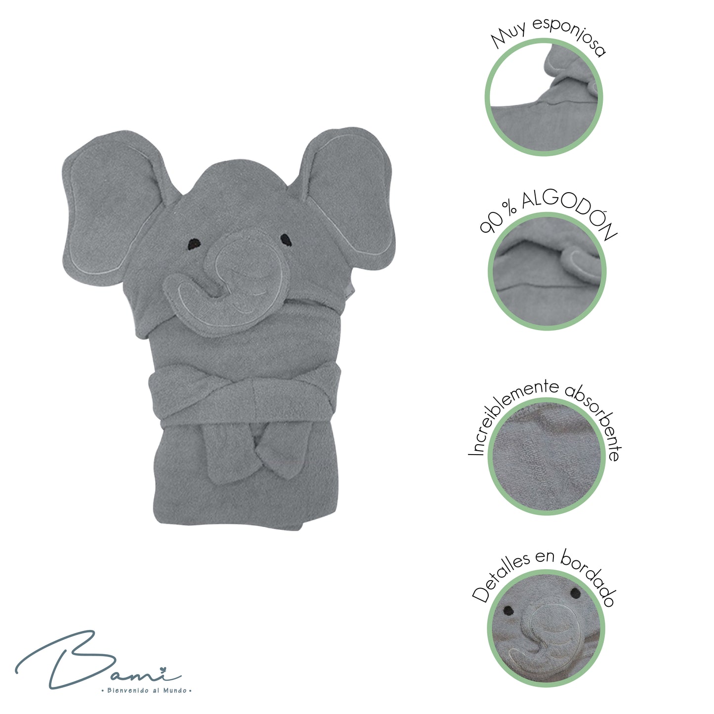 Toalla con Capucha 3D Elefante Gris