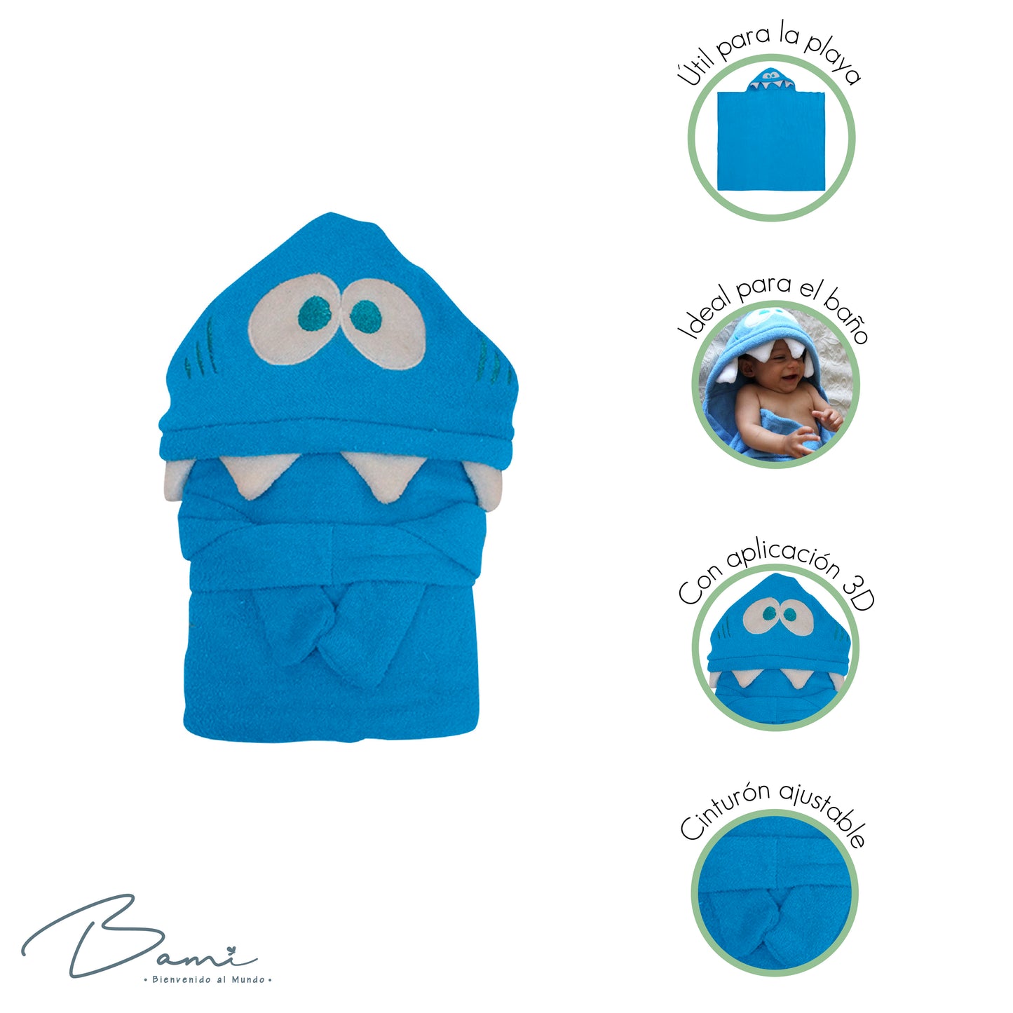 Toalla con Capucha 3D Tiburón Azul