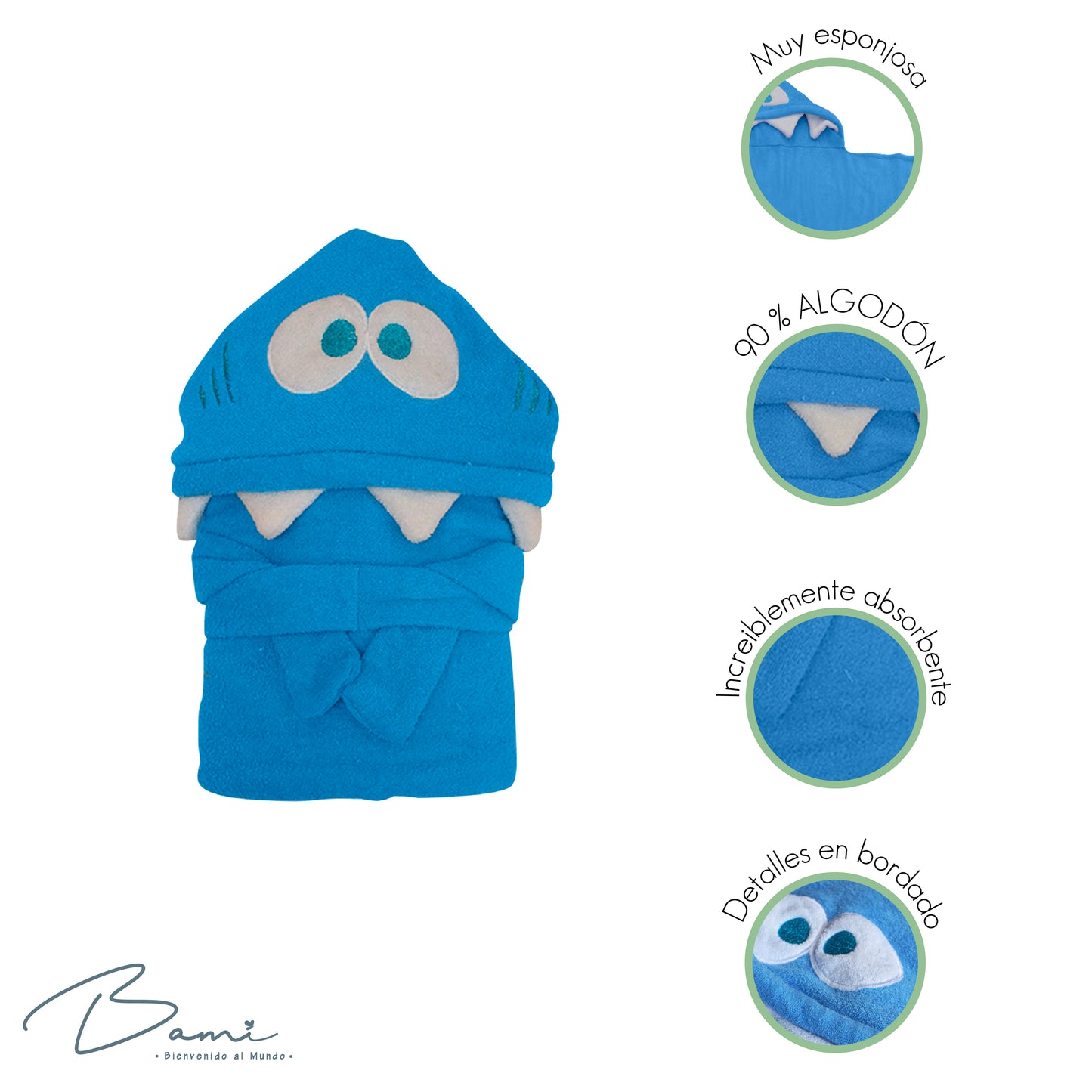 Toalla con Capucha 3D Tiburón Azul