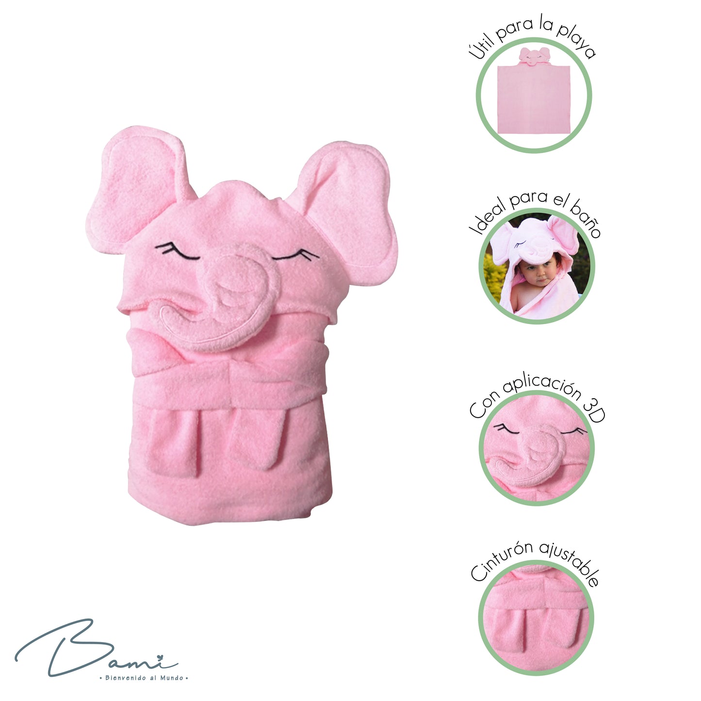 Toalla con Capucha 3D Elefante Rosa