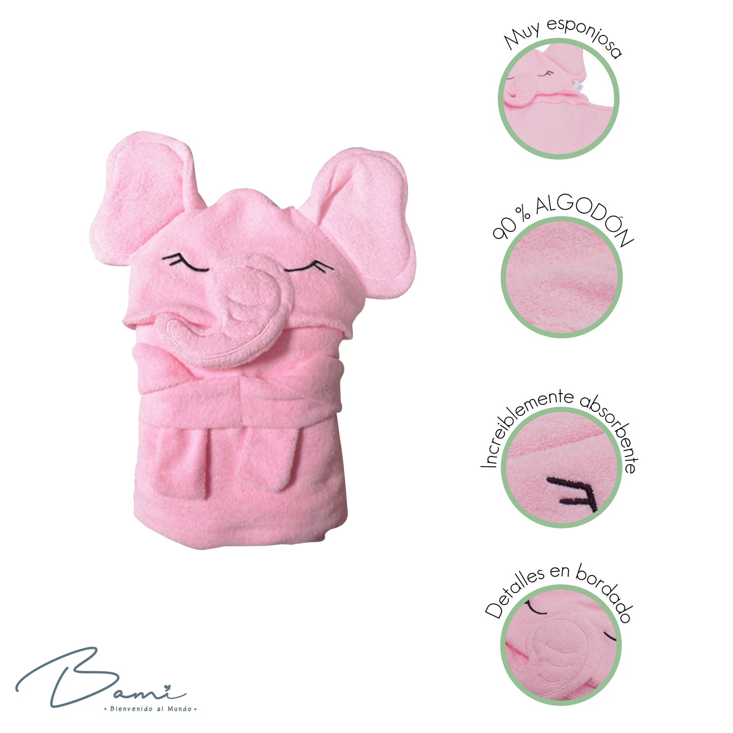 Toalla con Capucha 3D Elefante Rosa