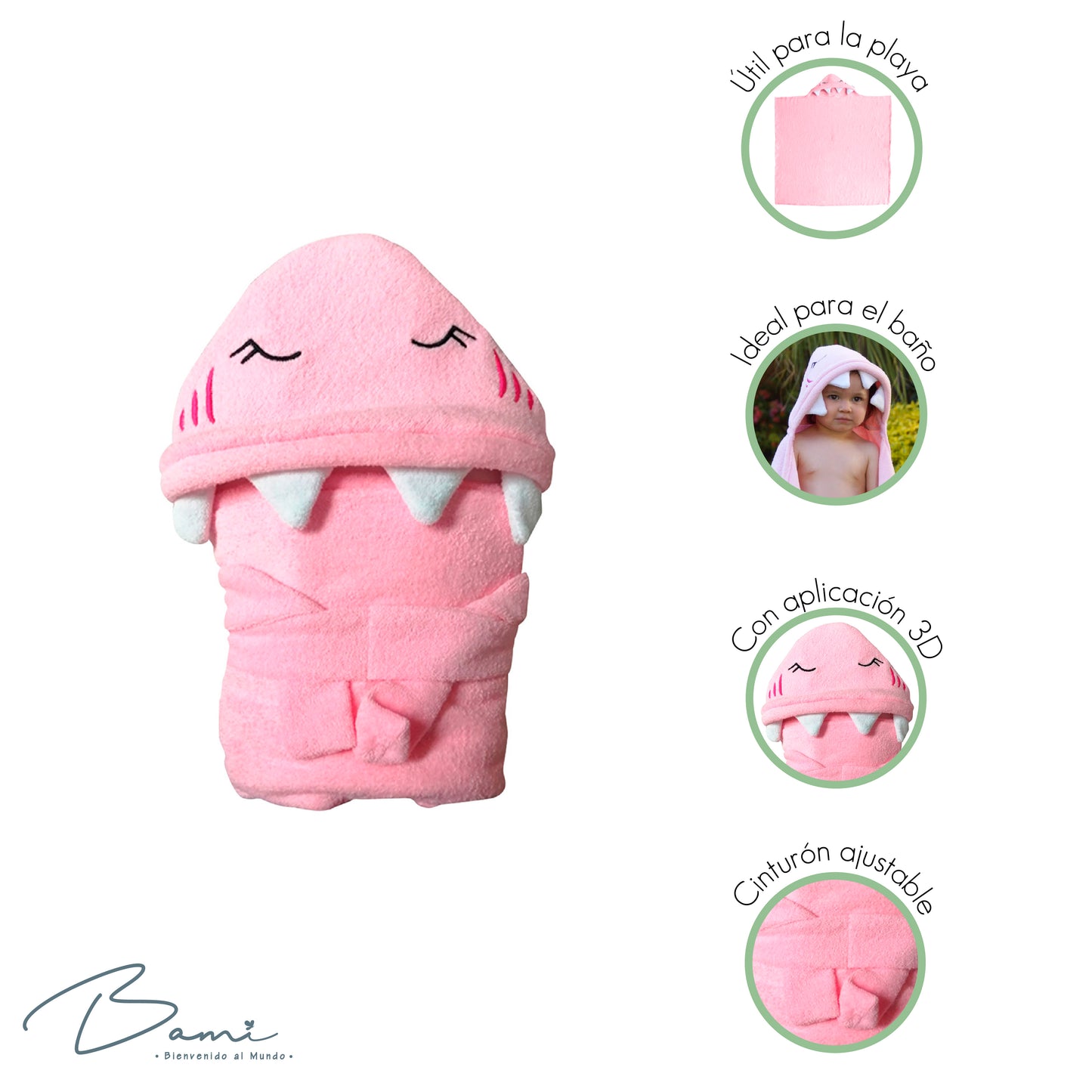 Toalla con Capucha 3D Tiburón Rosa
