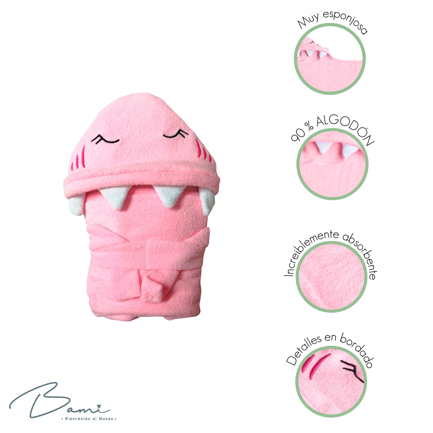 Toalla con Capucha 3D Tiburón Rosa