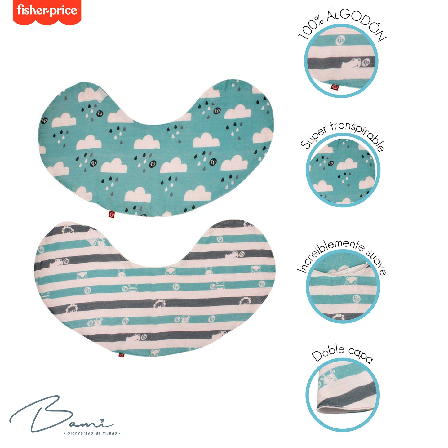 Set Babero Pechero y Paño Repetidor de Muselina Azul