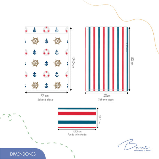 Juego de Sábanas para Colecho Algodón Anclas y Timones 50x80 cm