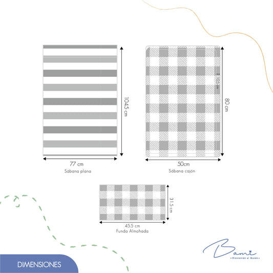 Juego de Sábanas para Colecho Algodón Cuadros Gris 50x80 cm
