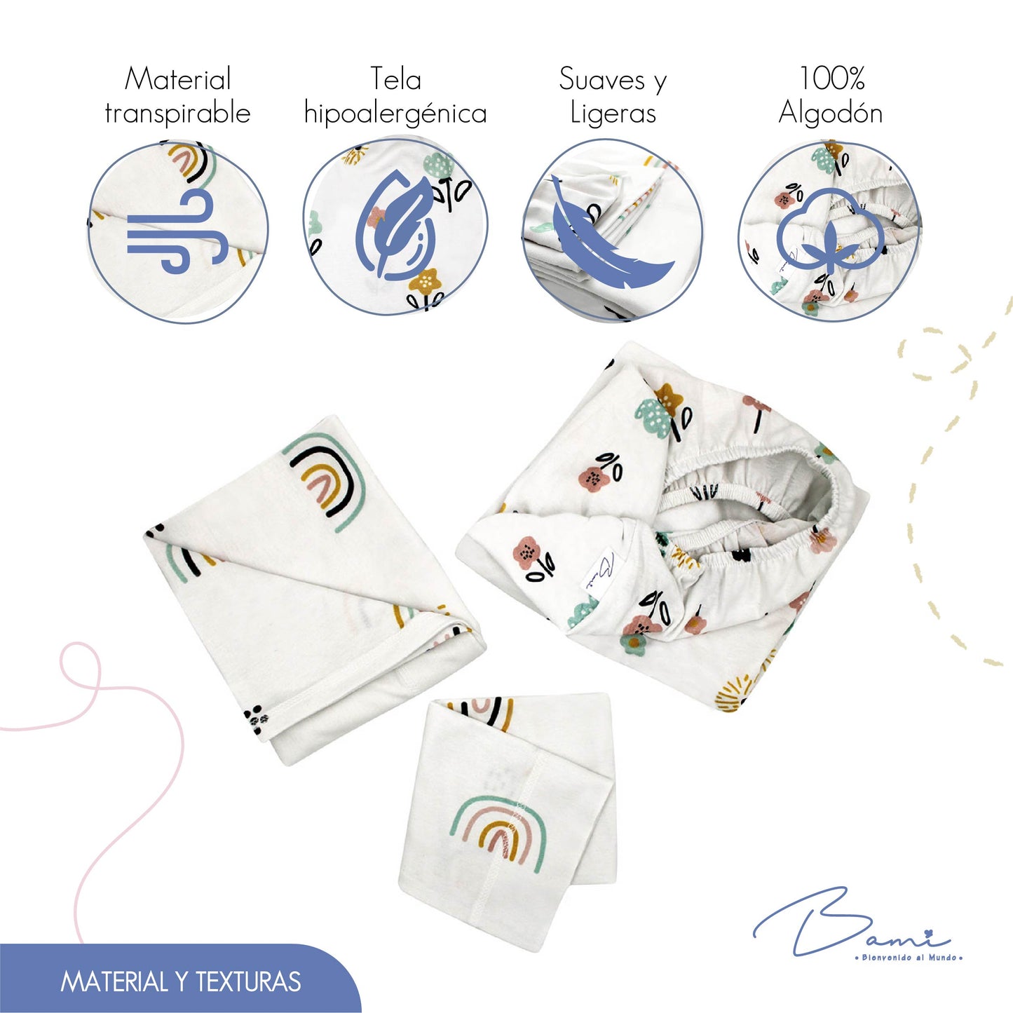 Juego de Sábanas para Cuna Algodón Arcoiris y Flores 70x130 cm