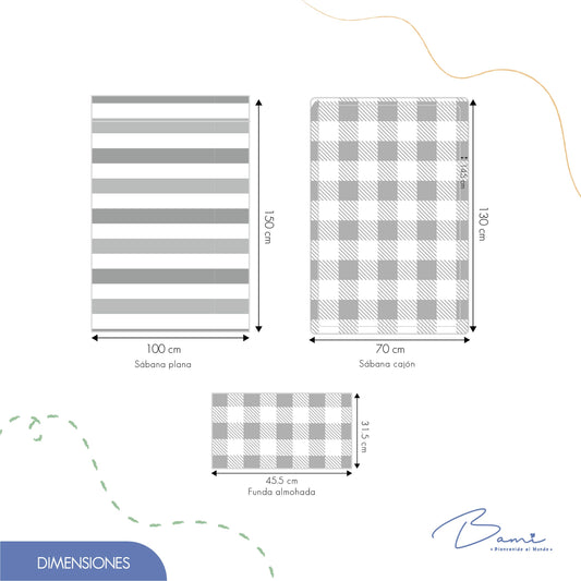 Juego de Sábanas para Cuna Algodón Cuadros y Rayas 70x130 cm