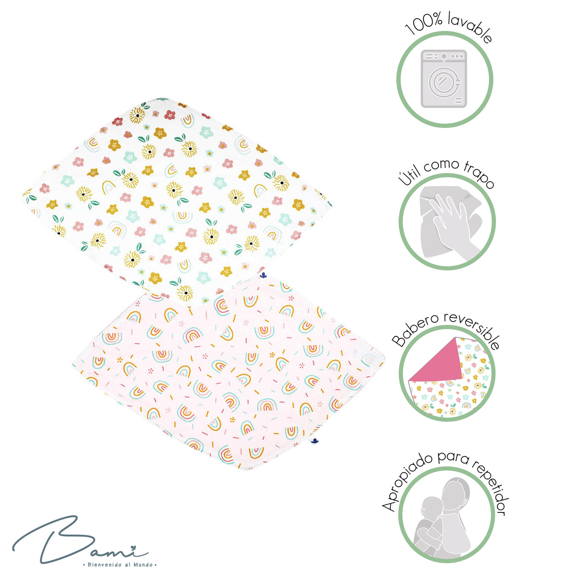 Set 2 Baberos Pañoleta Multiusos Flores y Arcoiris