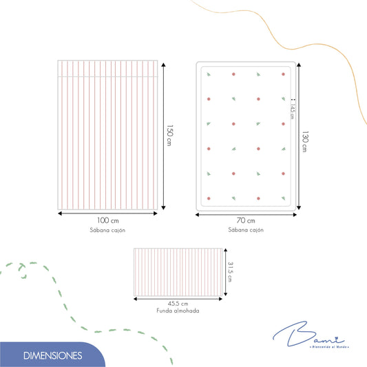 Juego de Sábanas para Cuna Algodón Flores y Rayas 70x130 cm