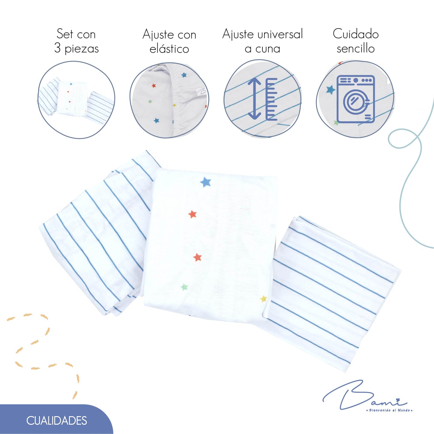 Juego de Sábanas para Cuna Algodón Estrelllas y Rayas 70x130 cm