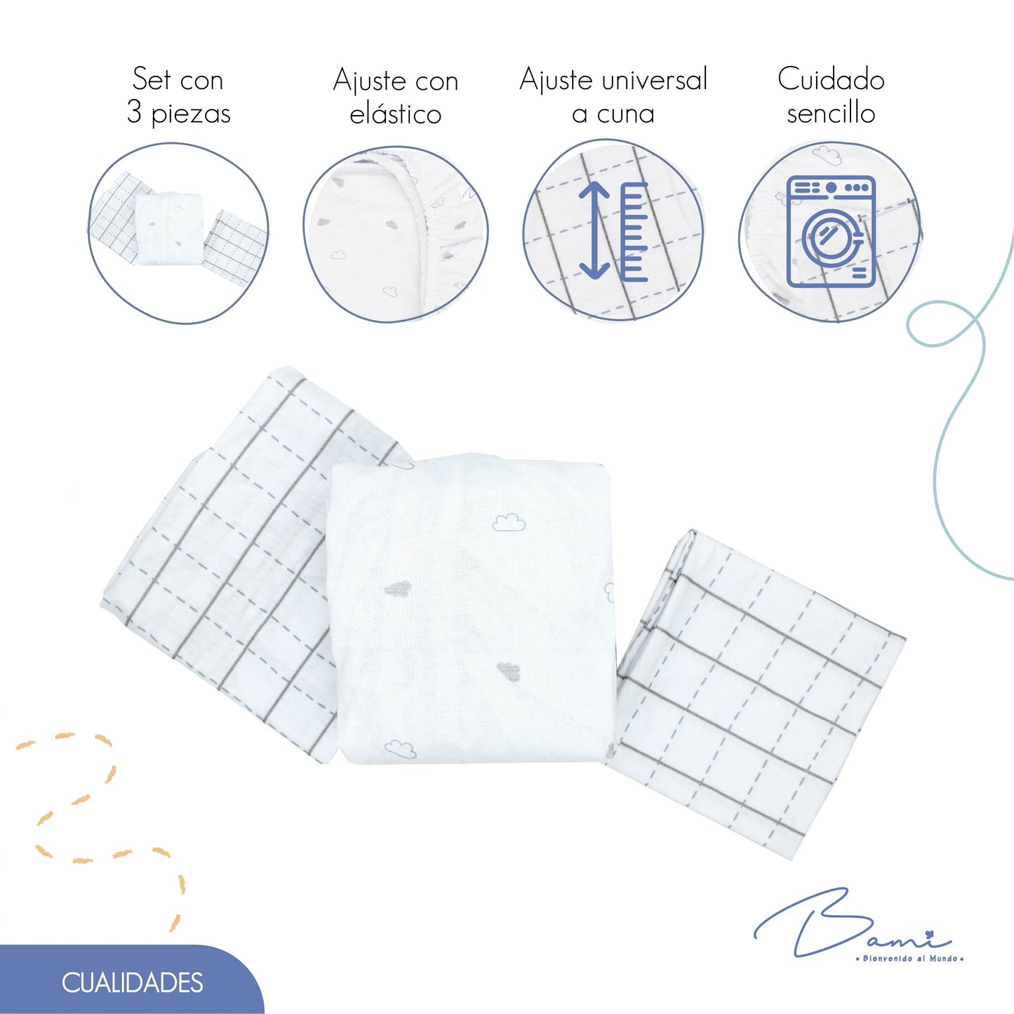 Juego de Sábanas para Cuna Algodón Nubes y Rayas 70x130 cm