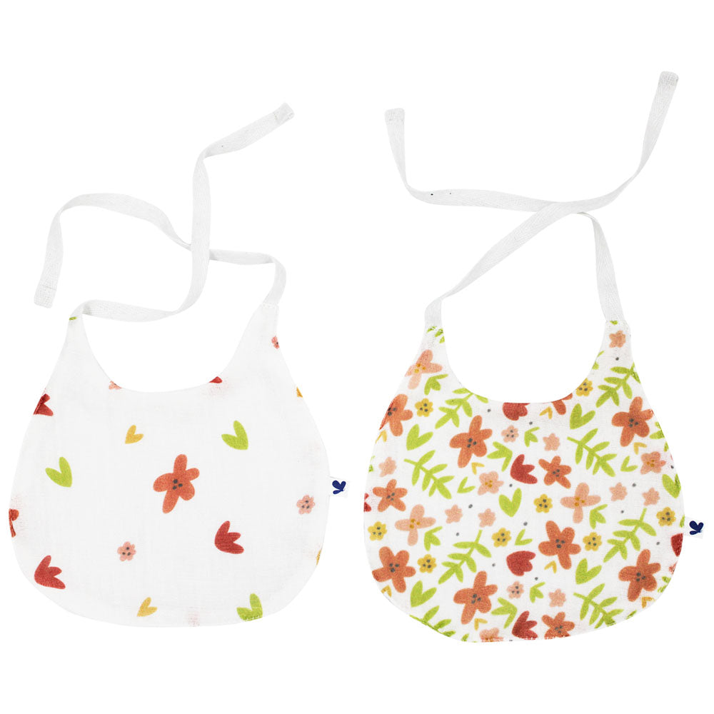 Set 2 Baberos Redondos y 2 Tipo Pañoleta de Muselina y Bambú Flores y Puntos