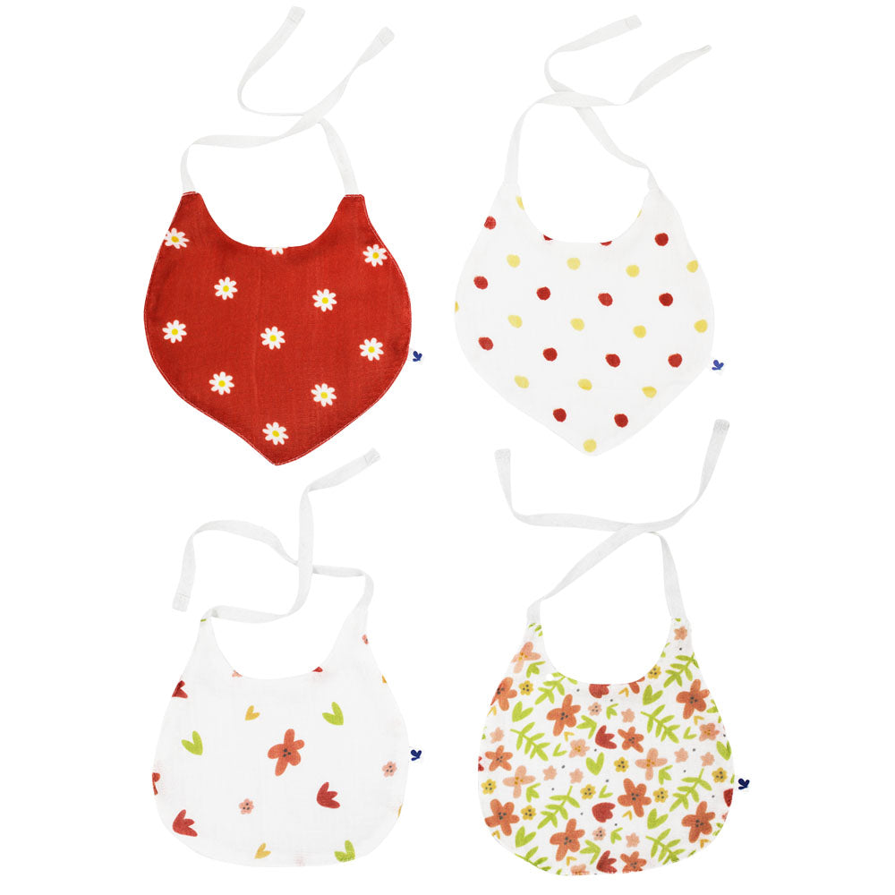 Set 2 Baberos Redondos y 2 Tipo Pañoleta de Muselina y Bambú Flores y Puntos