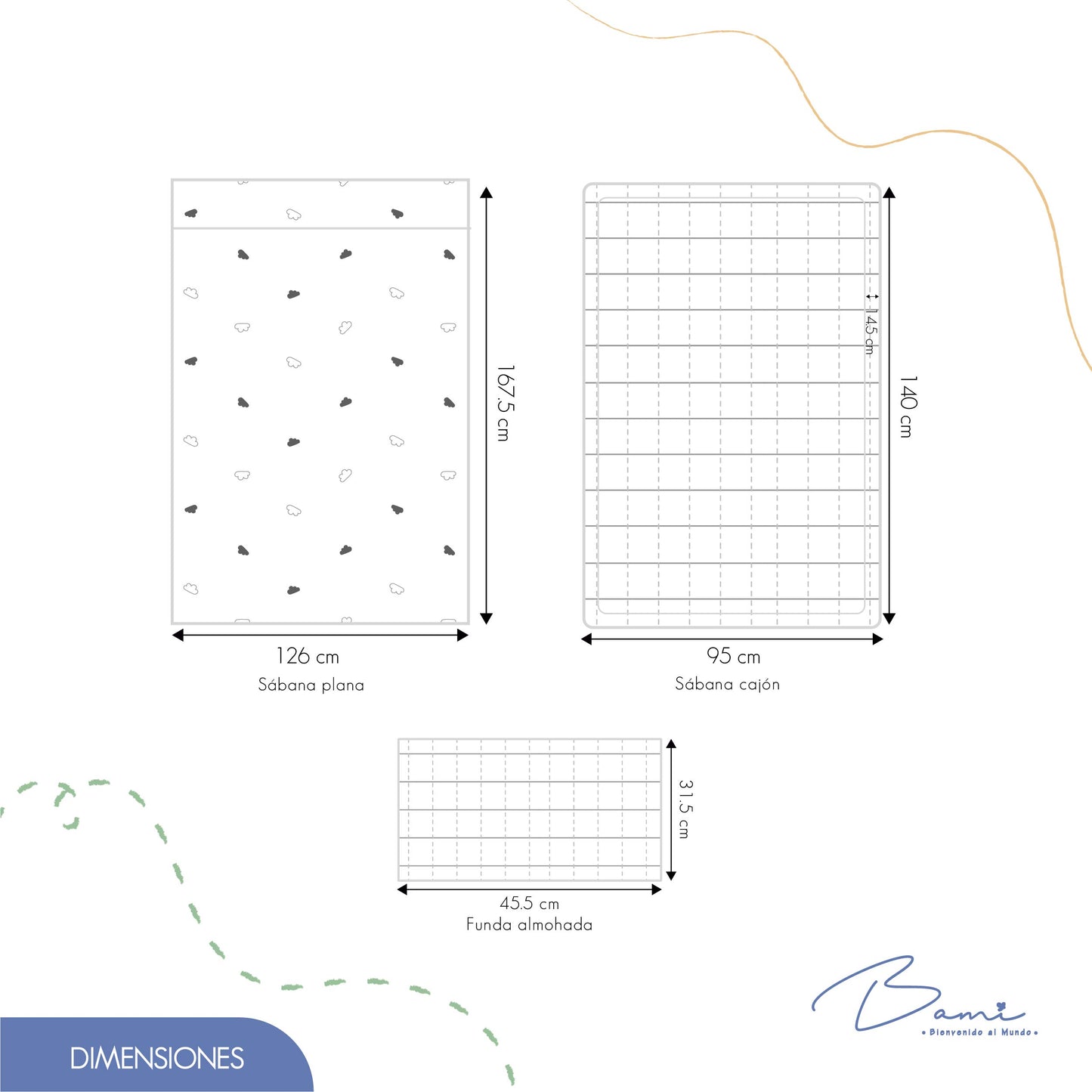 Juego de Sábanas para Cama Cuna Algodón Nubes y Rayas 95x140 cm