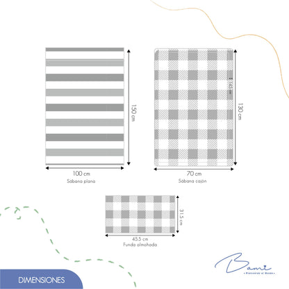 Juego de Sábanas para Cuna Algodón Cuadros y Rayas 70x130 cm